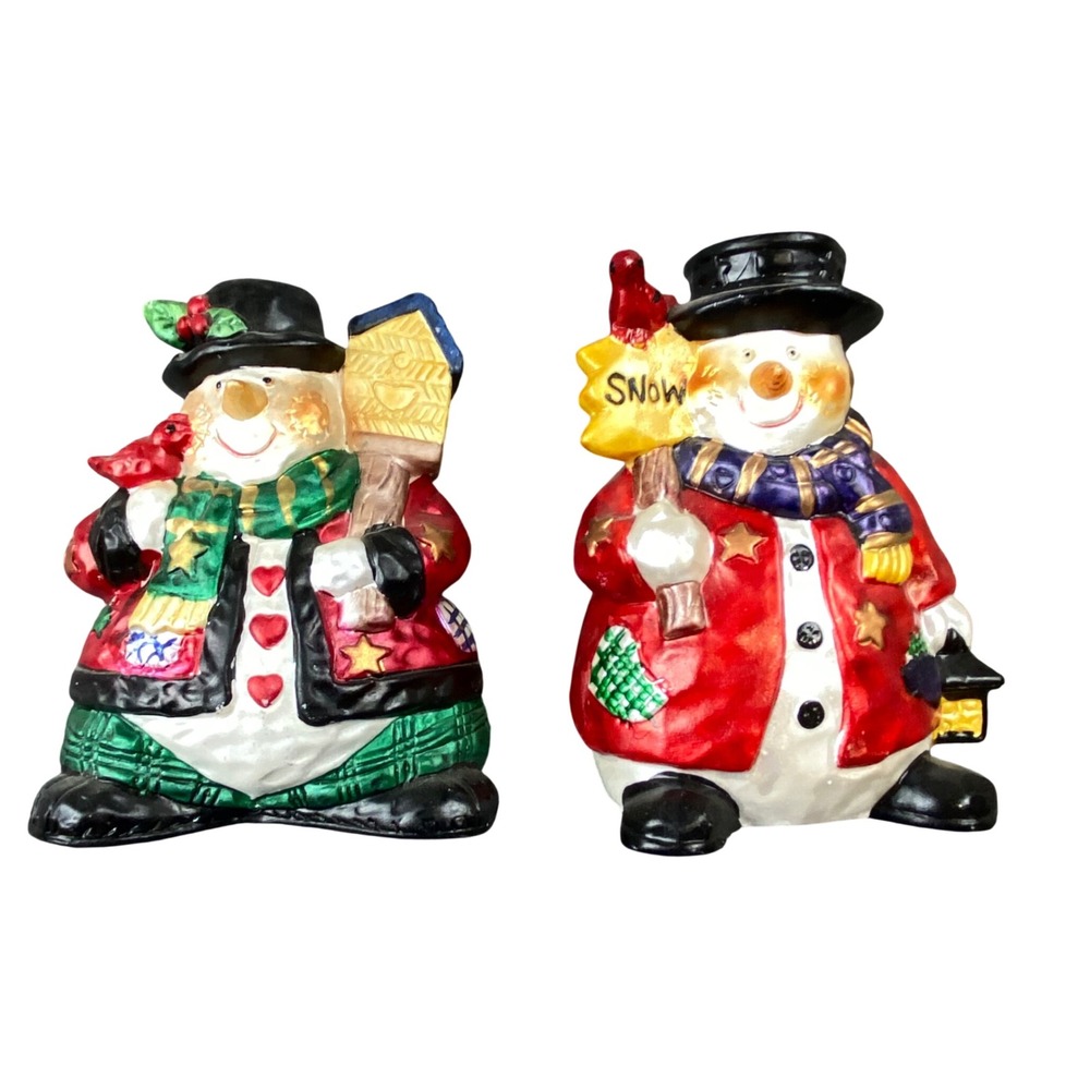 Christmas Snowman Figurines Set of 2 Ceramic Red Green Cardinals Holiday Decor